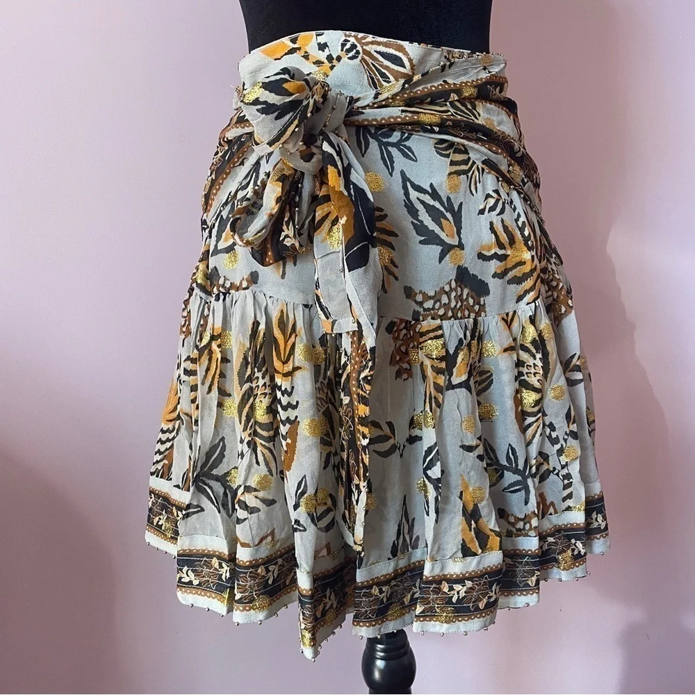 NEW! Farm Rio- Floral Tapestry Silver Blue Mini Skirt Size Medium Metallic Floun